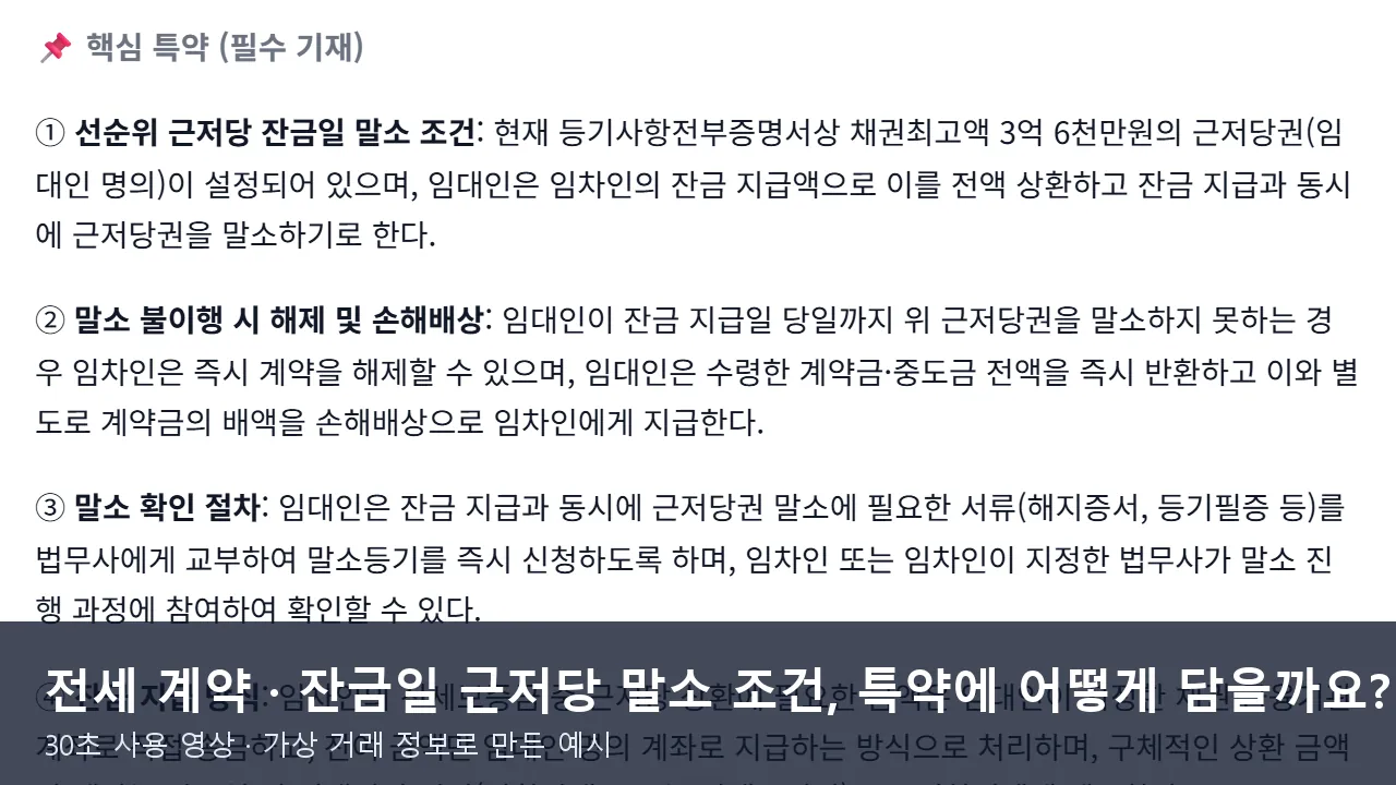 전세 계약 예시 — 임대인의 선순위 근저당을 잔금일에 말소하는 조건